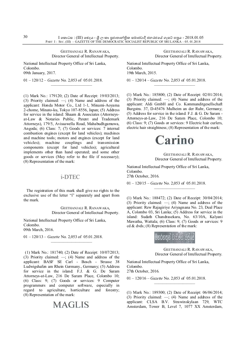  SEC . (III) – GAZETTE OF THE DEMOCRATIC SOCIALIST REPUBLIC OF SRI LANKA – 05. 01.2018