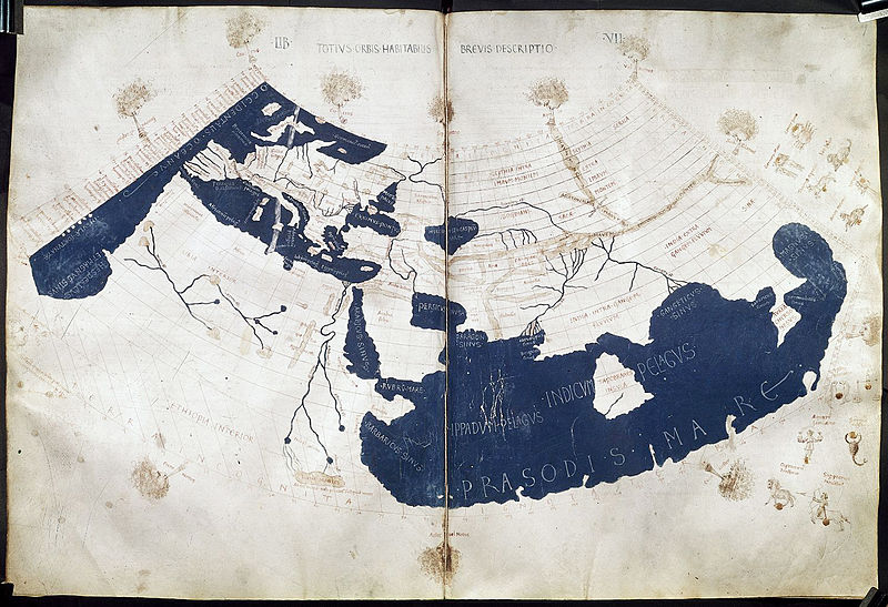 A mid-15th century Florentine map of the world based on Jacobus Angelus's 1406 Latin translation of Maximus Planudes's late-13th century rediscovered Greek manuscripts of Ptolemy's 2nd-century Geography. Ptolemy's 1st (modified conic) projection.